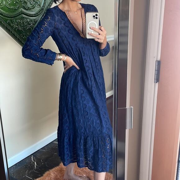 JOHNNY WAS Jade Sapphire Blue Embroidered Silk Blend Dress NWOT
